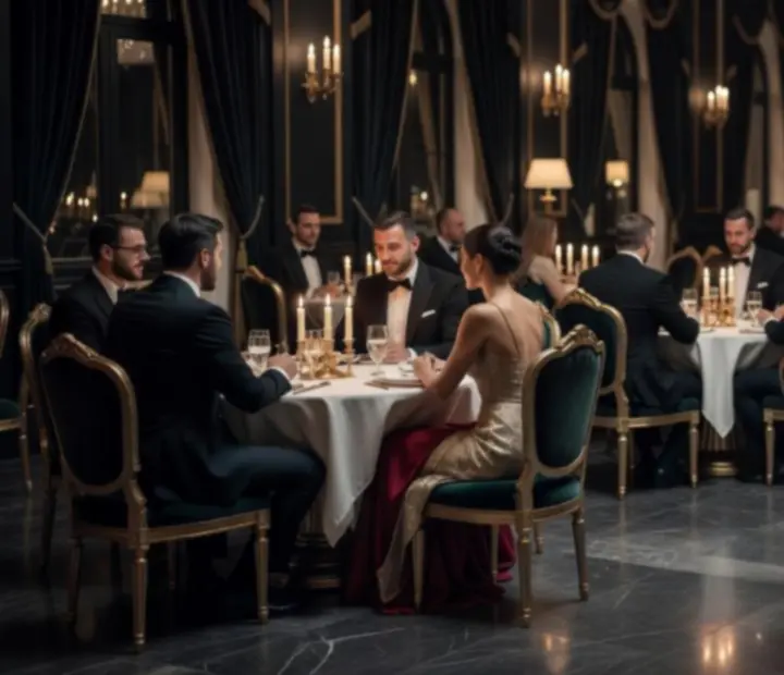 Elegantně nasvícený sál připravený na večerní galavečeři