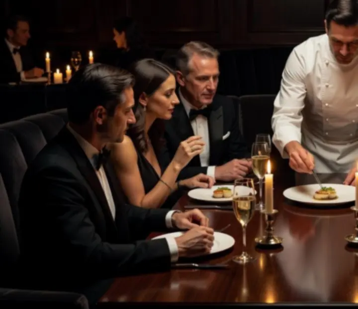 Hosté u Chef's Table sledující prezentaci degustace
