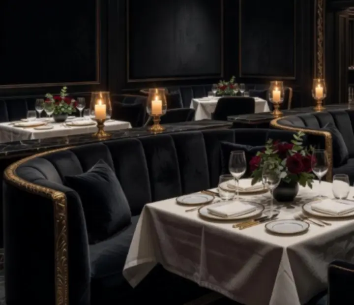 Temně laděný elegantní interiér restaurace se svíčkami a luxusním prostíráním