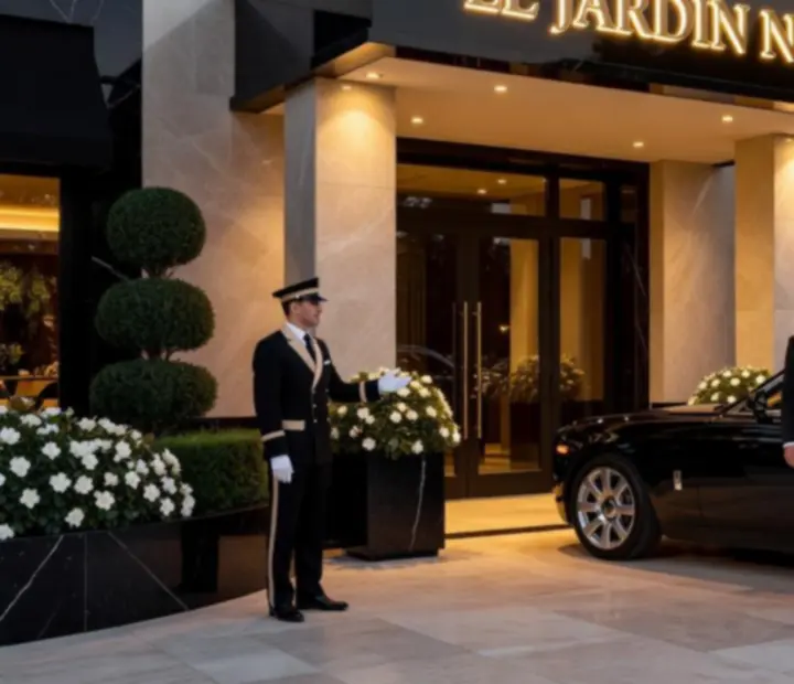 Večerní příjezd hostů s valet servisem před elegantní restaurací
