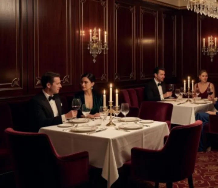 Candlelit fine dining interiér s elegantně prostřenými stoly